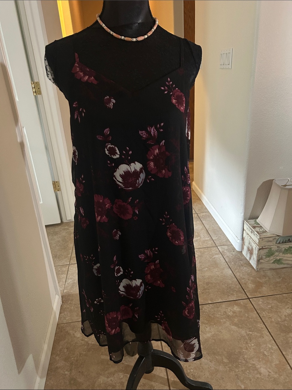 Mudd Black Midi Slip Dress with Burgundy and White Floral Print